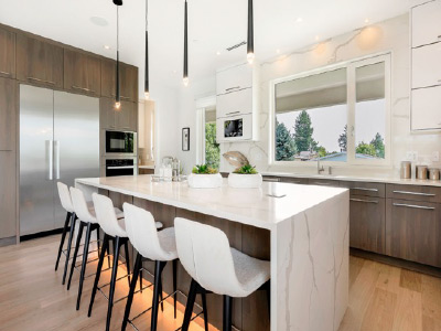 Fully remodeled kitchen, white and brown cabinets